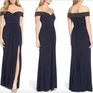 Elegant Navy Off-Shoulder Evening Gown